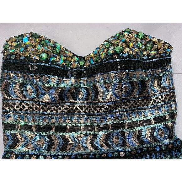 Precious Formals Sequin Mini Dress Sparkle Size 4 Blue Green Black Chunky Stones - Picture 3 of 10